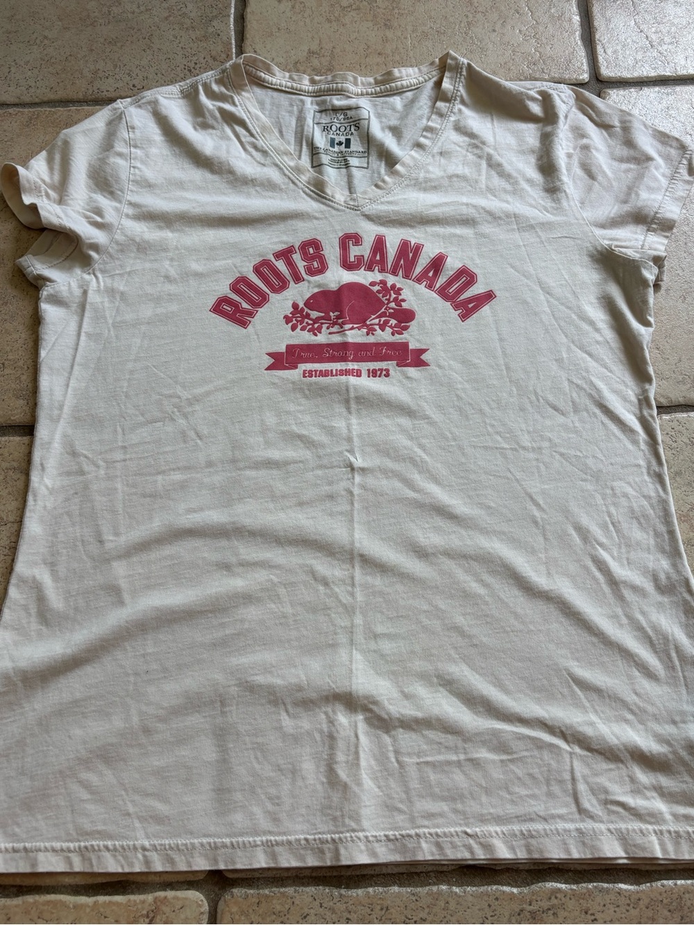Roots Canada Women's Large V-Neck Graphic Tee Pale Pink Cotton T-Shirt
